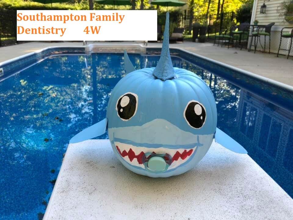 Pumpkin decorated to look like a shark